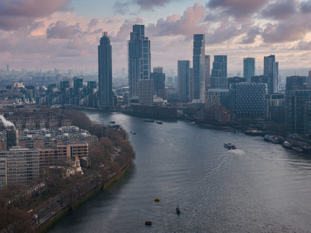 Aerial View of London with River Thames and Modern Skyscrapers