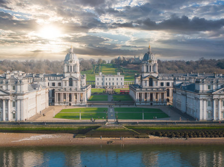 Aerial View of Old Royal Naval College and Greenwich Landmarksの写真素材