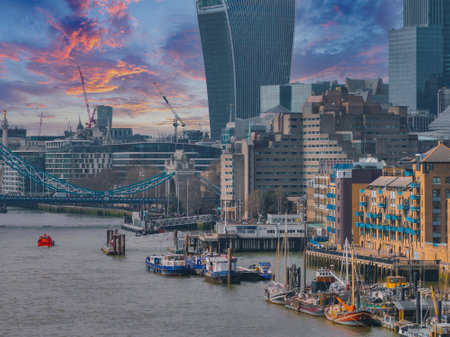 Riverside View of London with Tower Bridge and Walkie Talkie Buildingの写真素材