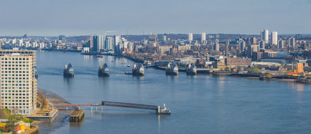 Aerial View of Thames Barrier and Urban Landscape in Londonの写真素材