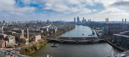 Aerial View of London with River Thames and Battersea Power Stationの写真素材