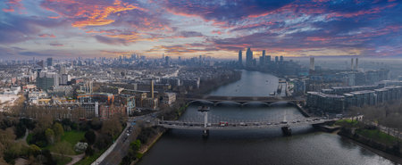 Aerial View of London with River Thames, Bridges, and Skyscrapers
