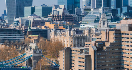 Aerial View of Tower of London and Tower Bridge in Urban London