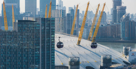 Aerial View of London Featuring O2 Arena and Emirates Air Line