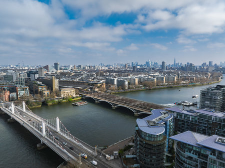 Aerial View of London with Albert Bridge, Chelsea Bridge, and the Shardの写真素材