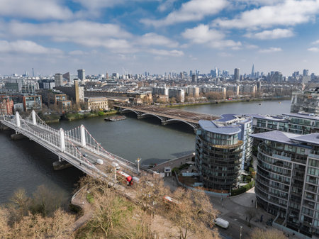 Aerial View of London with Chelsea and Albert Bridges Over Thamesの写真素材