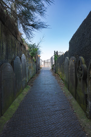 Cobblestone Pathway with Gravestones Leading to Wrought Iron Gate