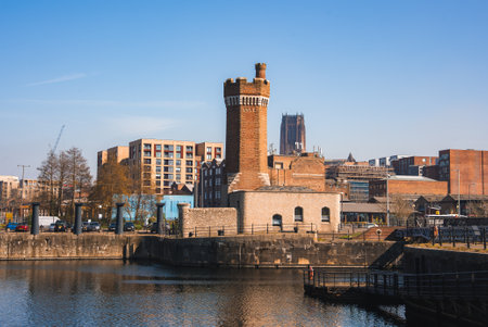 Liverpool Waterfront with Historic Brick Tower and Cathedral View