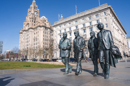 The Beatles Statue Near Royal Liver Building in Liverpool, Englandの写真素材