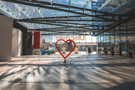 Interior of Glass Atrium with Heart Sculpture in Liverpool ONEの写真素材