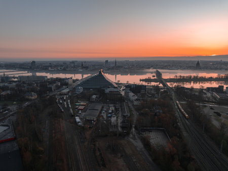 Sunrise Over Rigas Old Town and National Library of Latviaの写真素材