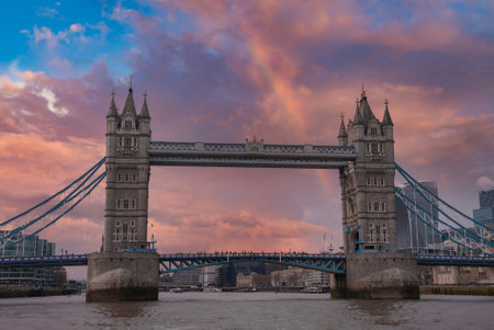 Tower Bridge in London with Vibrant Sky and Cityscape Viewの写真素材