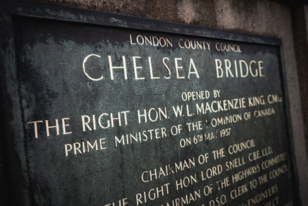 Weathered Plaque Commemorating the Opening of Chelsea Bridge in 1937の写真素材