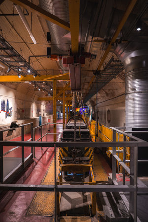 Industrial Interior with Yellow Beams and Conveyor System in Londonの写真素材