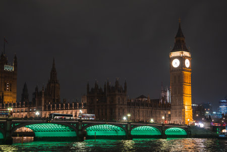 Big Ben and Westminster Palace Illuminated at Night in Londonの写真素材