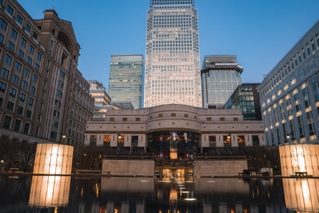 Canary Wharf Financial District at Twilight with One Canada Squareの写真素材
