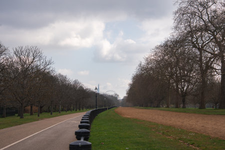 Pathway in a London Park with a Landmark in the Distanceの写真素材