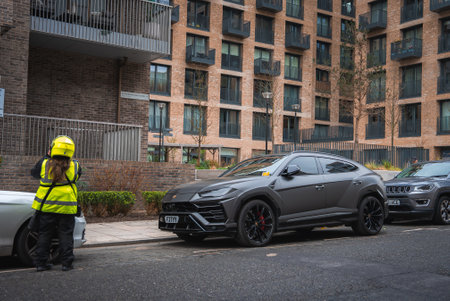 Modern London Street with Lamborghini Urus and Parking Inspectorの写真素材