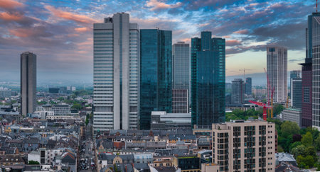 Aerial View of Frankfurt Skyline at Sunsetの写真素材
