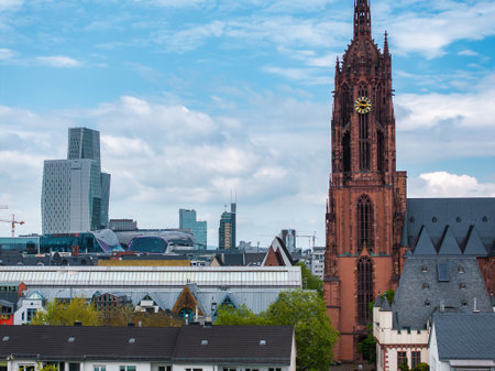 Aerial View of Frankfurt Cathedral and Modern Skyscrapers in Germanyの写真素材