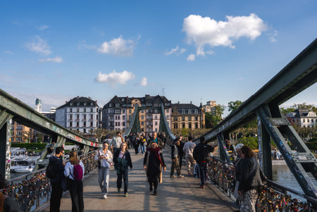 Eiserner Steg Pedestrian Bridge with Love Locks in Frankfurt, Germanyの写真素材