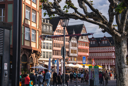 Romerberg Square in Frankfurt with Half Timbered Buildingsの写真素材