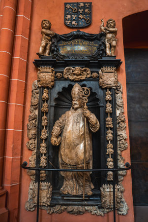 Ornate Religious Statue with Mitre and Crosier in Frankfurt, Germanyの写真素材