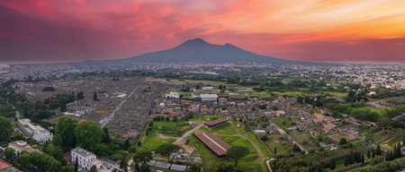 Aerial View of Ancient Pompeii and Mount Vesuvius at Sunsetの写真素材
