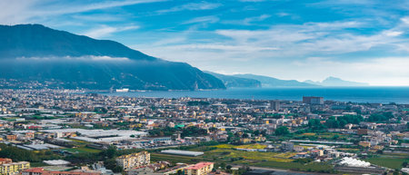 Aerial View of city, Italy with mountain and Tyrrhenian Seaの写真素材