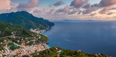 Aerial View of Ravello Town and Tyrrhenian Sea on the Amalfi Coastの写真素材