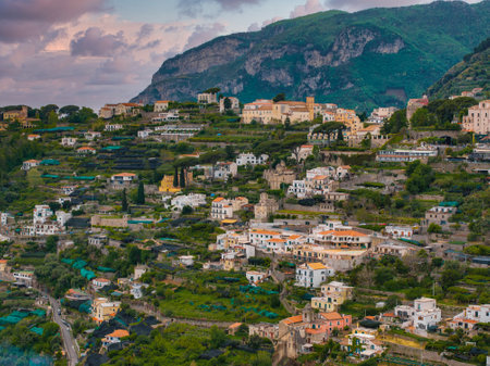 Aerial View of Ravello Town with Terraced Hills and Mediterranean Buildingsの写真素材