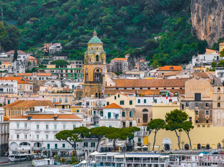 Aerial View of Amalfi Town with Cathedral and Waterfront Harbor