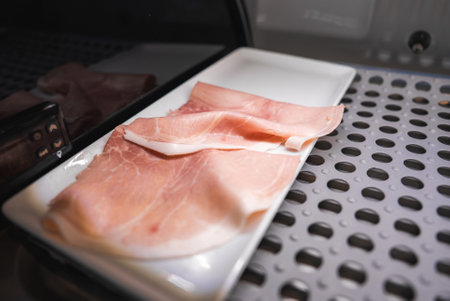 Thinly Sliced Prosciutto on a White Plate with Metallic Surfaceの写真素材