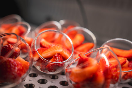 Freshly Sliced Strawberries in Glass Bowls on Metallic Surfaceの写真素材