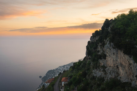 Coastal View of Amalfi Region with Tyrrhenian Sea at Sunsetの写真素材