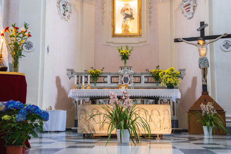 Ornate Church Altar with Floral Arrangements in Ravello, Italyの写真素材