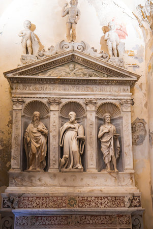 Intricately Carved Marble Altar with Religious Figures in Amalfi, Italyの写真素材