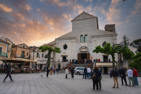Piazza Duomo and Ravello Cathedral at Sunset in Ravello, Italyの写真素材