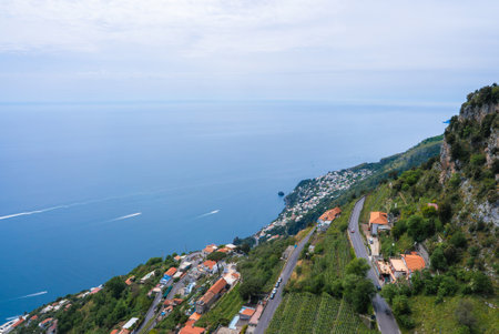 Aerial View of Amalfi Coast with Terraced Greenery and Tyrrhenian Seaの写真素材