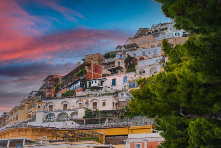 Hillside Town of Positano, Italy at Sunset with Colorful Buildingsの写真素材