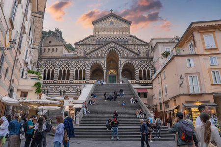 Amalfi Cathedral and Square at Sunset with Lively Surroundingsの写真素材