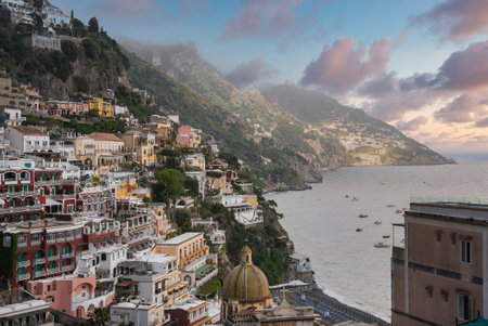 Positanos Colorful Hillside and Church of Santa Maria Assuntaの写真素材