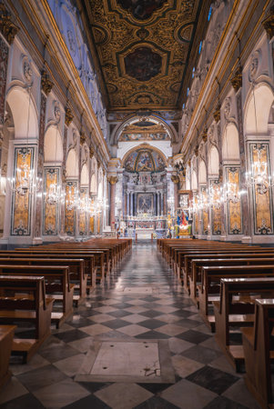 Interior of Amalfi Cathedral Featuring Altar and Ornate Ceilingの写真素材