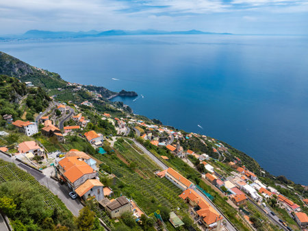 Aerial View of Amalfi Town with Terraced Hills and Tyrrhenian Seaの写真素材