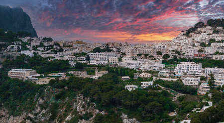 Capri Town at Sunset with Whitewashed Buildings and Cliffsの写真素材