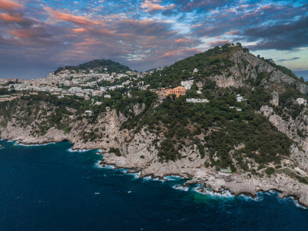 Rugged Coastline of Capri Island with Cliffs and Mediterranean Seaの写真素材