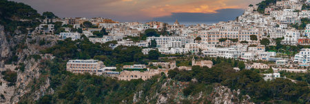 Hillside Town on Capri Island with Mediterranean Architecture at Sunsetの写真素材