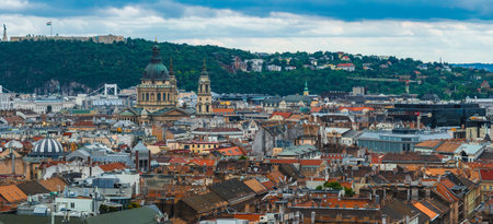 Aerial View of Budapest Featuring St. Stephens Basilica and Gellert Hillの写真素材