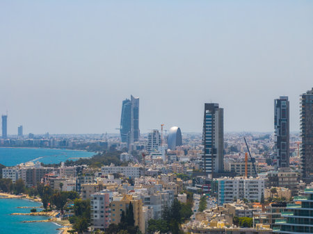 Aerial View of Limassol Skyline and Mediterranean Coastline in Cyprusの写真素材