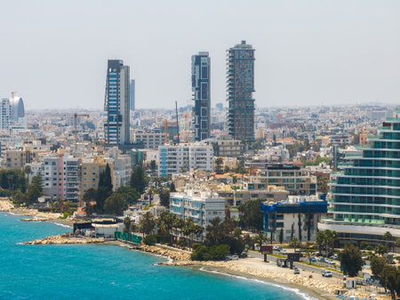 Aerial View of Limassol Skyline and Mediterranean Coastline in Cyprusの写真素材